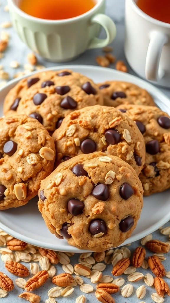 A plate of nutty granola cookies with nuts and chocolate chips, surrounded by oats on a rustic table.